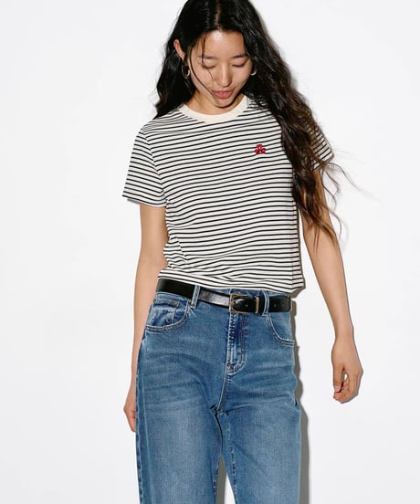 【予約販売】刺繍付アセテートボーダー半袖Tシャツ半袖Tシャツ
