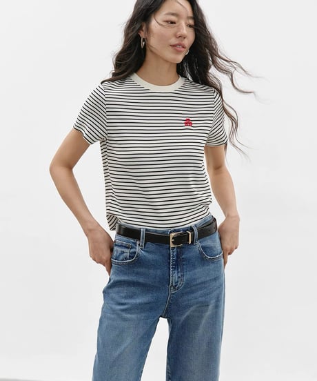 【予約販売】刺繍付アセテートボーダー半袖Tシャツ半袖Tシャツ