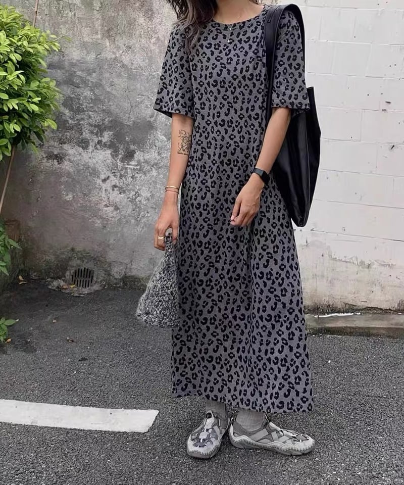 2025秋【予約販売】レオパード柄Tシャツワンピース#グレー | KISHIKA