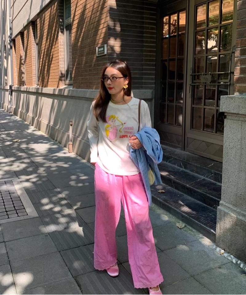 予約販売】ハート刺繍 ヘムレース ワイドパンツ #ピンク | KISHIKA