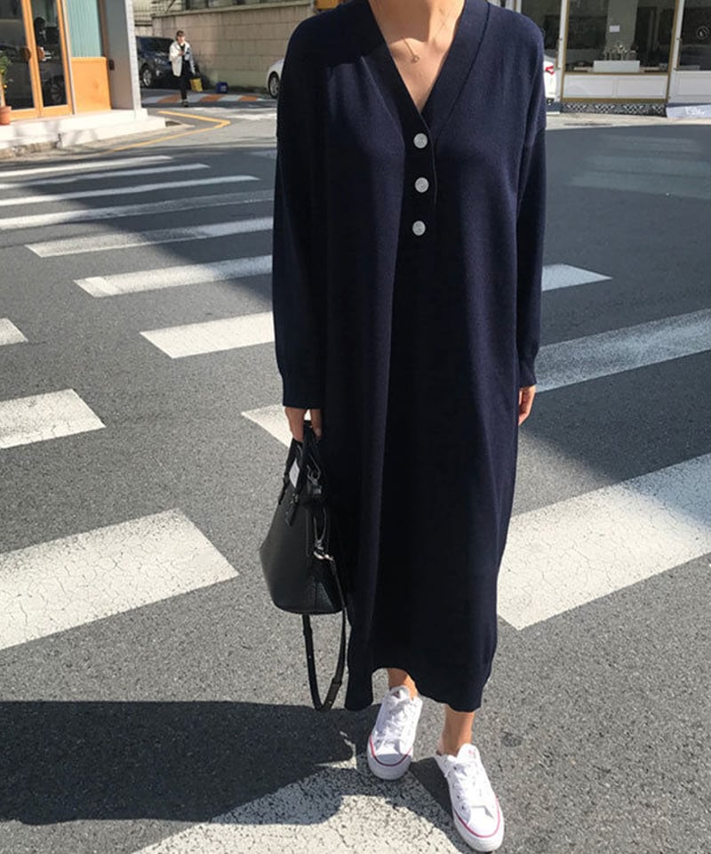 即納】Vネックニットロングワンピース 18720-45 | KISHIKA