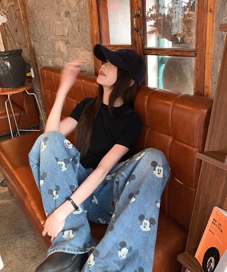 【予約販売】ビンテージ加工 ミッキープリントデニムパンツ