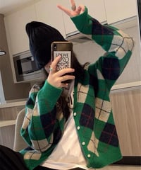 【予約販売】アーガイルニットカーディガン#グリーン