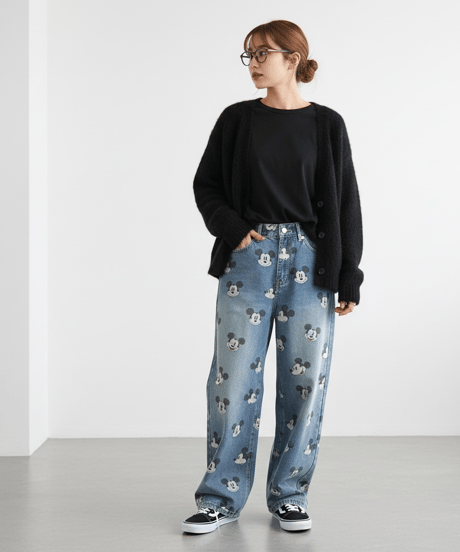 【予約販売】ビンテージ加工 ミッキープリントデニムパンツ