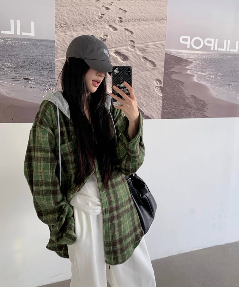 予約販売】起毛チェック柄シャツジャケット フード付 | KISHIKA