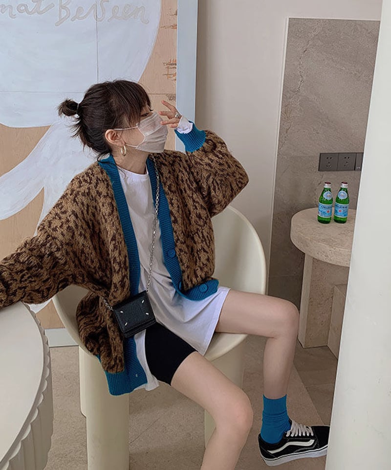 即納】レオパード柄モヘアニットカーディガン#ブルー | KISHIKA