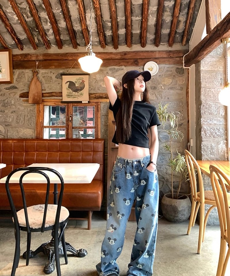 予約販売】ビンテージ加工 ミッキープリントデニムパンツ | KISHIKA