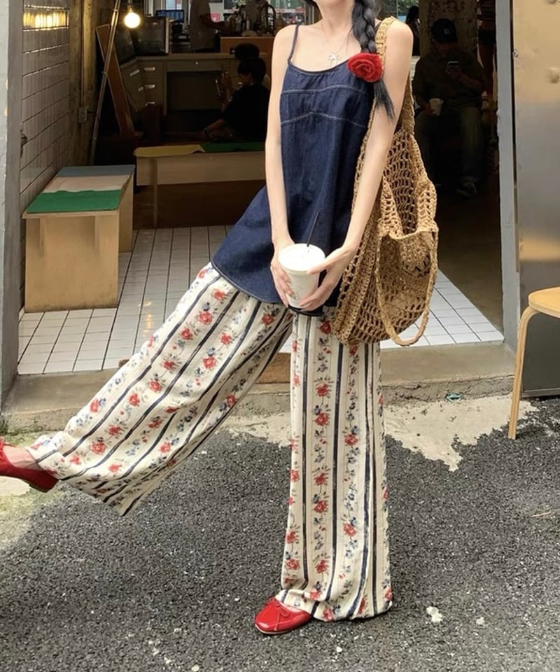 セット割【予約販売】レトロローズ柄ワイドパンツ / デニム