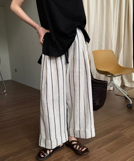 【予約販売】コットンリネン ストライプワイドパンツ