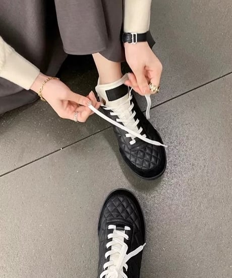 【予約販売】レトロレザーダイヤモンド柄スニーカー#ブラック