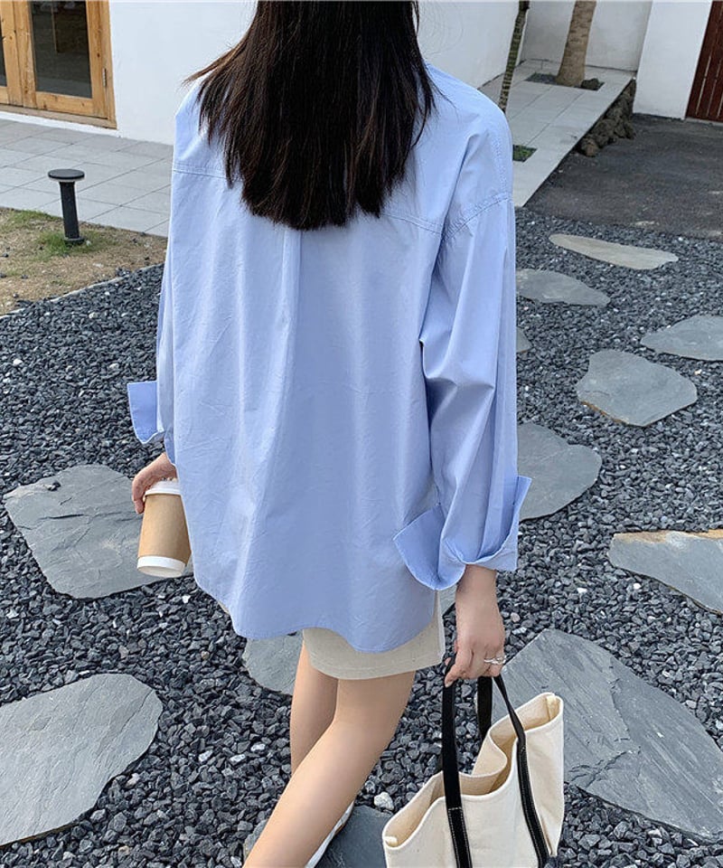 即納】ノーカラービッグポケットシャツ ブルー | KISHIKA