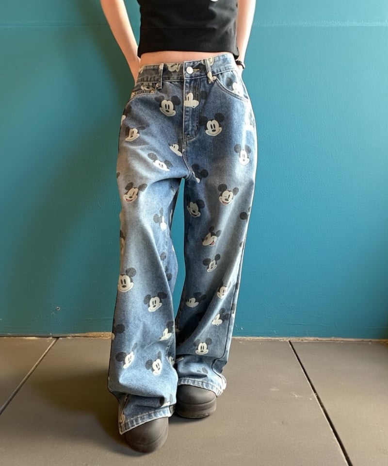 予約販売】ビンテージ加工 ミッキープリントデニムパンツ | KISHIKA