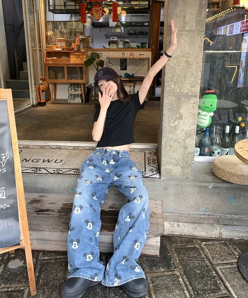 予約販売】ビンテージ加工 ミッキープリントデニムパンツ | KISHIKA