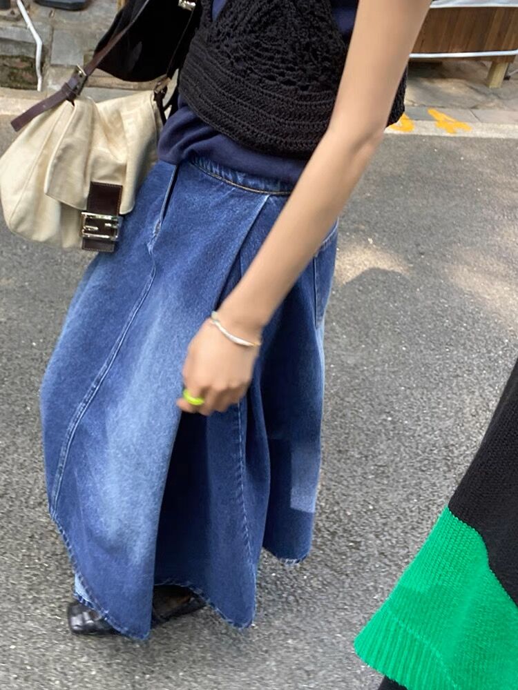SALE【即納】アシンメトリーサイドプリーツデニムスカート#ネイビー 