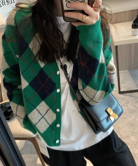 【予約販売】アーガイルニットカーディガン#グリーン