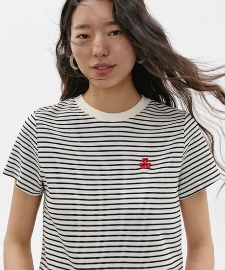 【予約販売】刺繍付アセテートボーダー半袖Tシャツ半袖Tシャツ