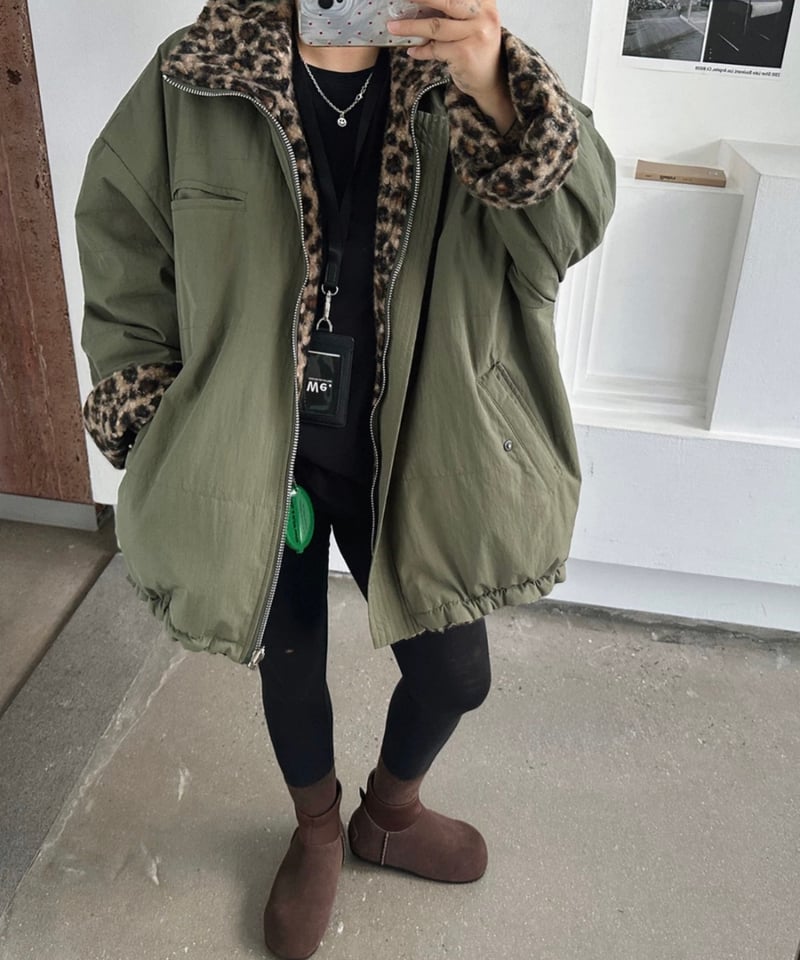 予約販売】リバーシブル レオパード柄ミリタリージャケット #カーキ