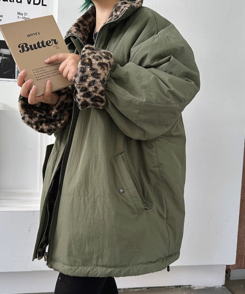 予約販売】リバーシブル レオパード柄ミリタリージャケット #カーキ