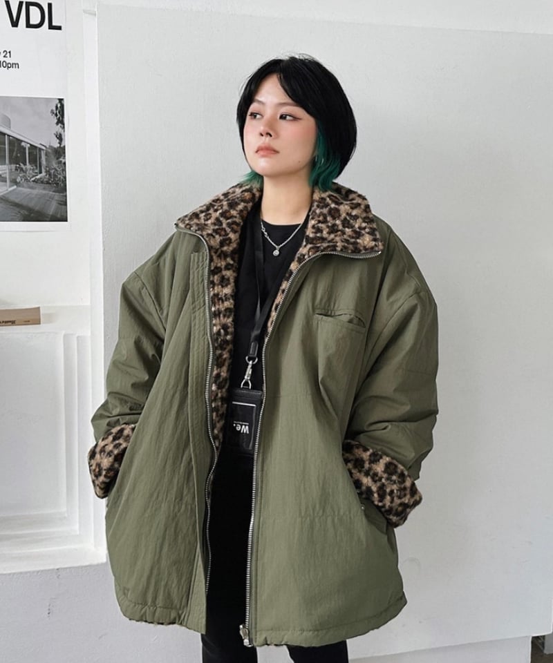 予約販売】リバーシブル レオパード柄ミリタリージャケット #カーキ