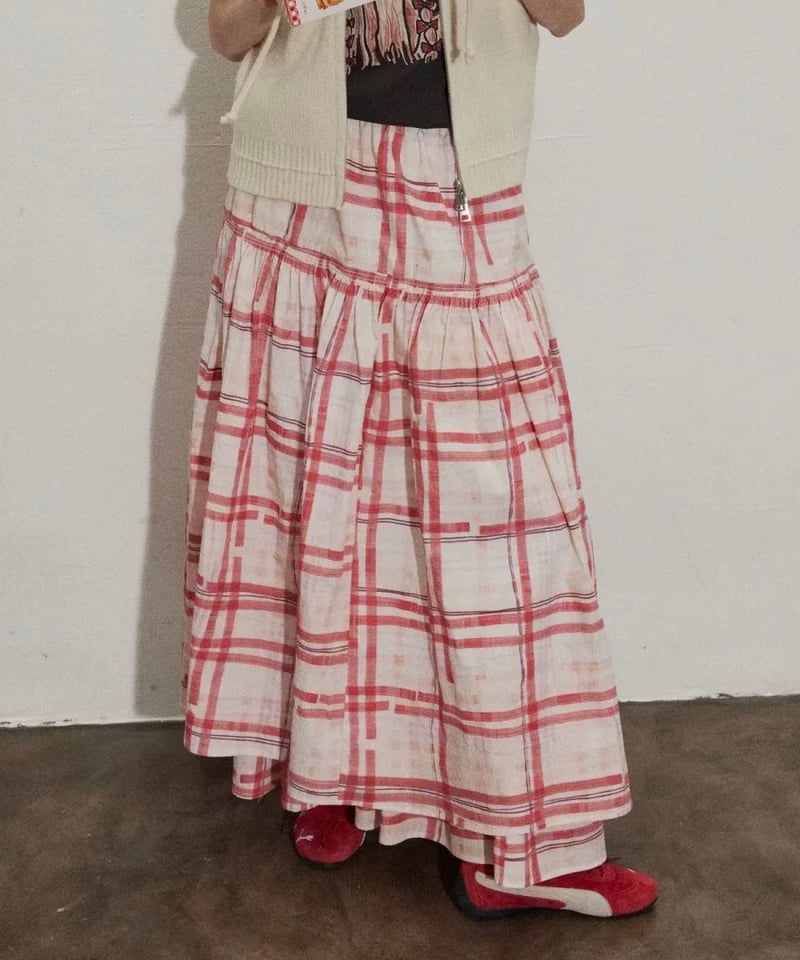 Freada チェック柄 赤　フレアスカート ONE SIZE Freada（フリーダ） スカート チェック フリル フレア ティアード