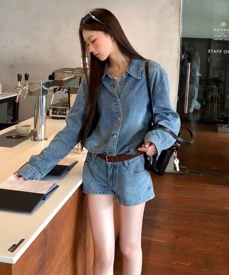 【予約販売】 デニムシャツ / ショートデニムパンツ セットアップ