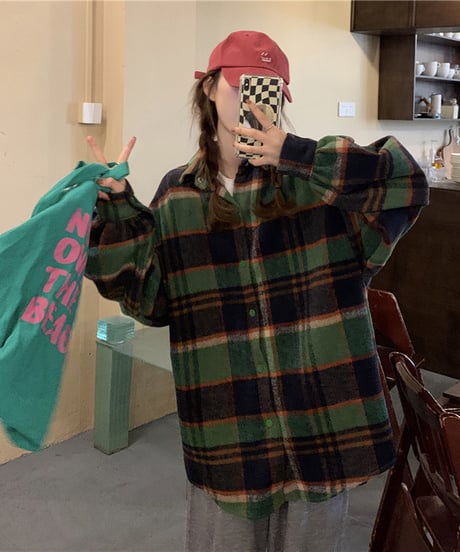 【予約販売】チェック起毛シャツジャケット#グリーン