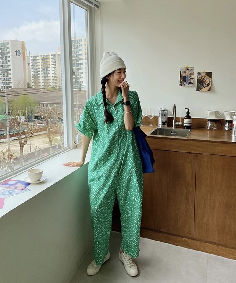 リカちゃん服  グリーン花柄オールインワン リカちゃん服 グリーン花柄オールインワン