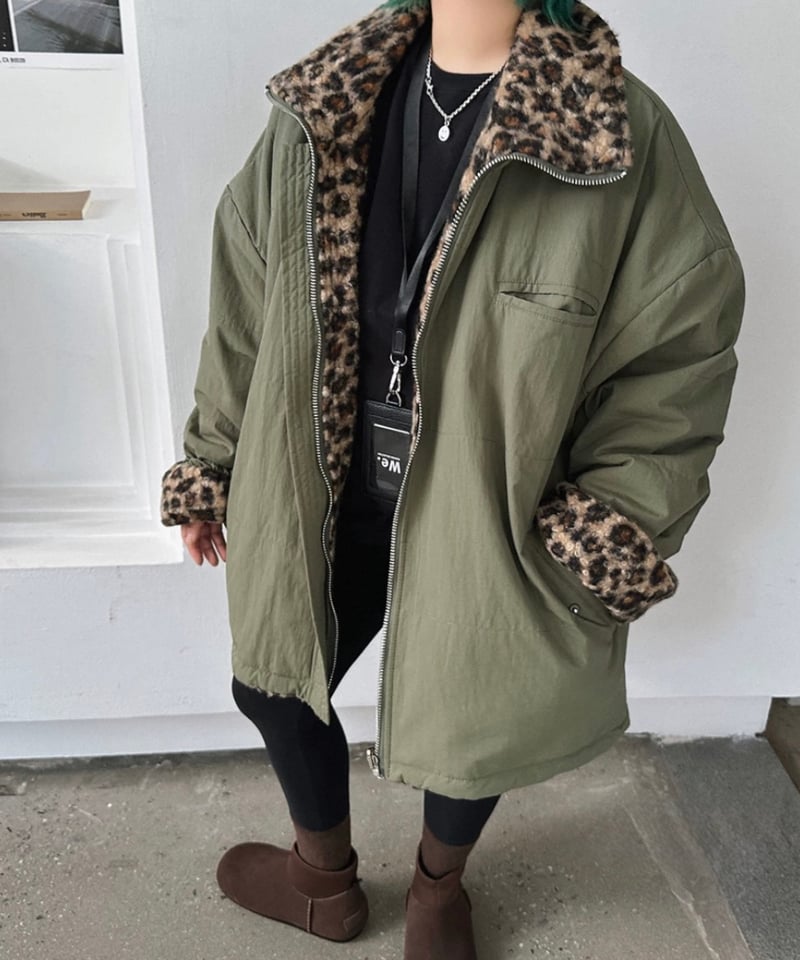 予約販売】リバーシブル レオパード柄ミリタリージャケット #カーキ