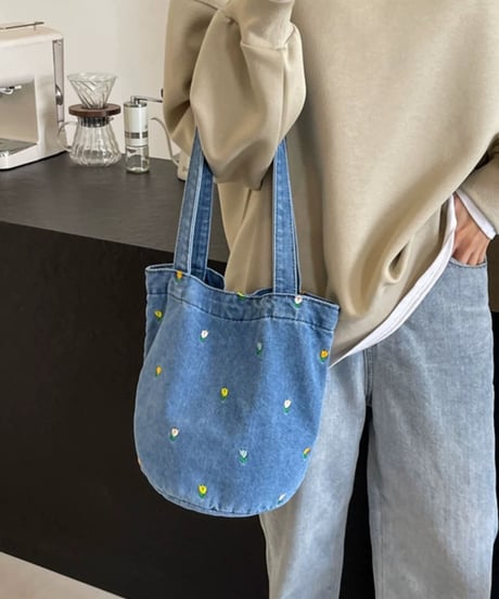 【予約販売】フラワー刺繍デニムトートバッグ