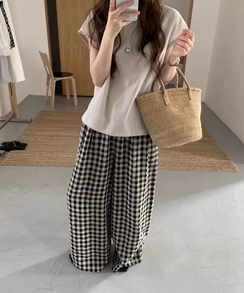 【美品】クレッシェントデュオ リネン混 チェック柄 ワイドパンツ M 切替 予約販売】 チェック柄リネンワイドパンツ | KISHIKA