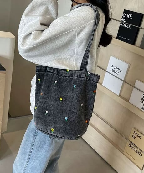 【予約販売】フラワー刺繍デニムトートバッグ