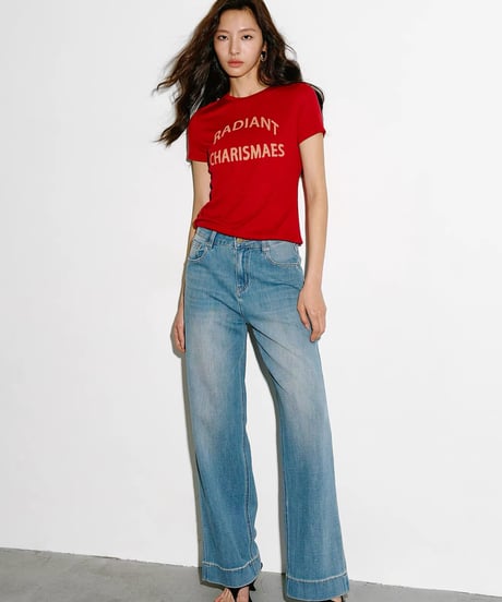 【予約販売】リヨセルリネン混紡レタープリント半袖Tシャツ レッド