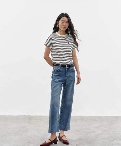 【予約販売】刺繍付アセテートボーダー半袖Tシャツ半袖Tシャツ