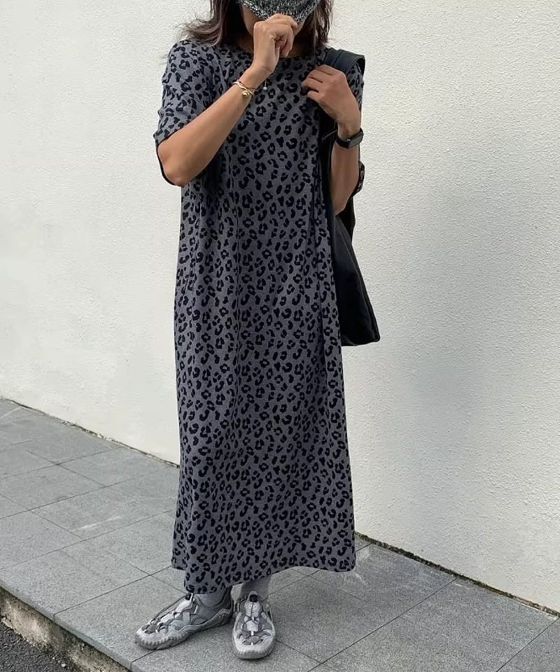 2025秋【予約販売】レオパード柄Tシャツワンピース#グレー | KISHIKA