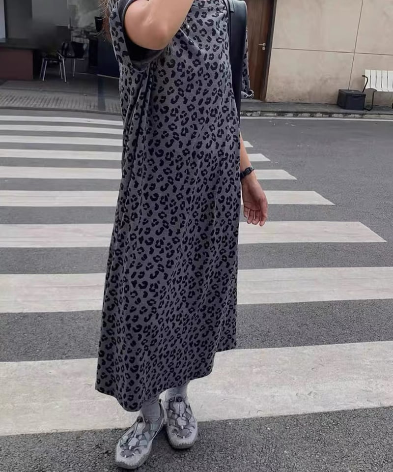 2025秋【予約販売】レオパード柄Tシャツワンピース#グレー | KISHIKA