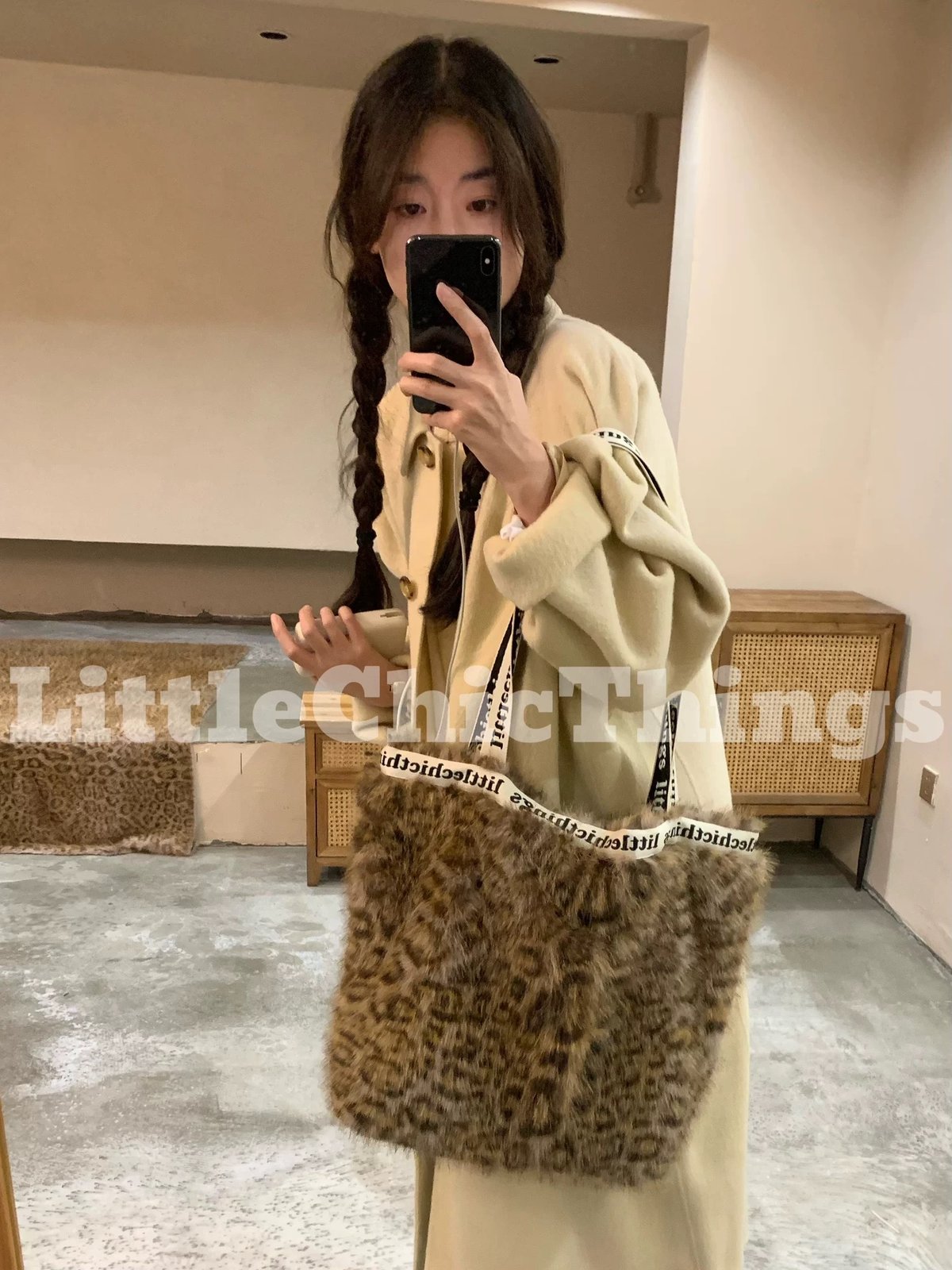 予約販売】LittleChicThings レオパード柄ファーバッグ 2タイプ#ライト 