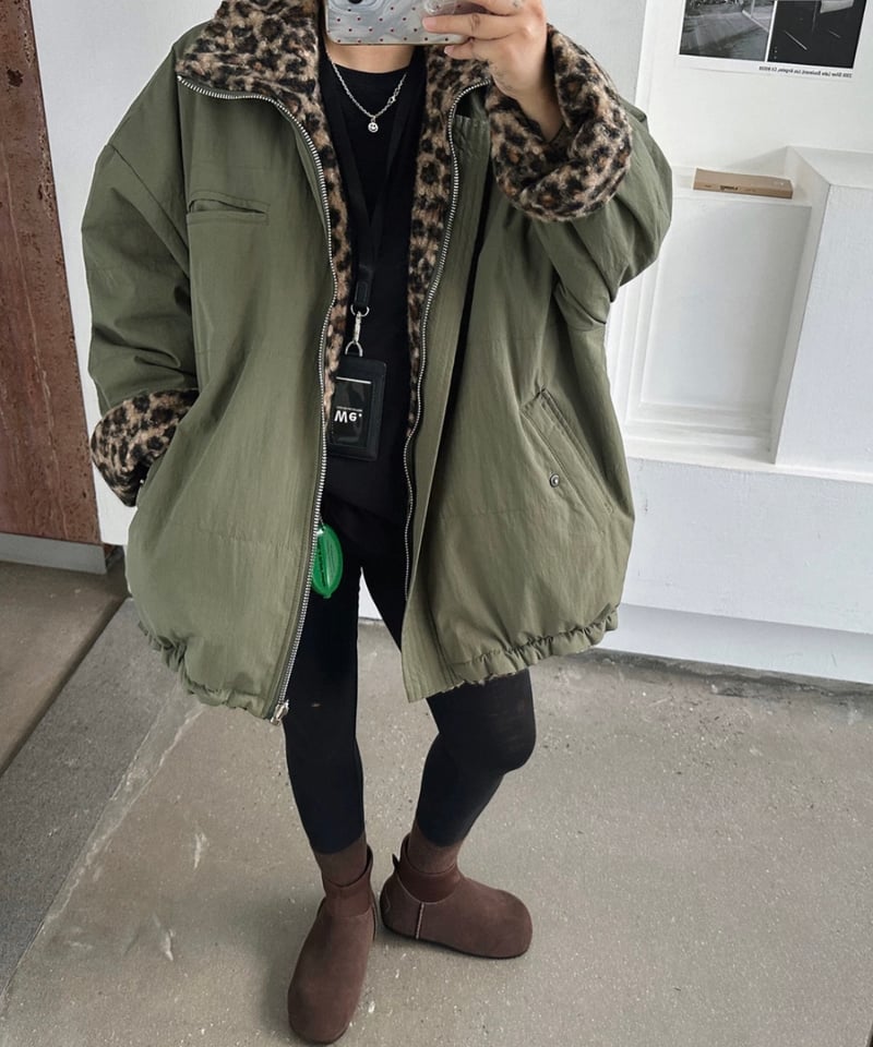 予約販売】リバーシブル レオパード柄ミリタリージャケット #カーキ
