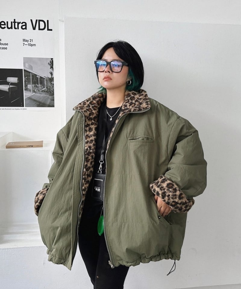 予約販売】リバーシブル レオパード柄ミリタリージャケット #カーキ