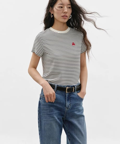 【予約販売】刺繍付アセテートボーダー半袖Tシャツ半袖Tシャツ