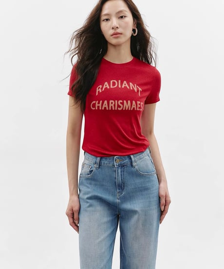 【予約販売】リヨセルリネン混紡レタープリント半袖Tシャツ レッド