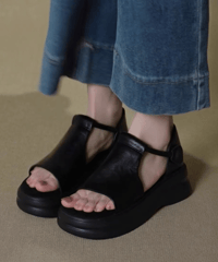 【予約販売】厚底レザーサンダル #ブラック