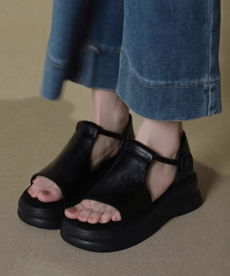 【予約販売】厚底レザーサンダル #ブラック