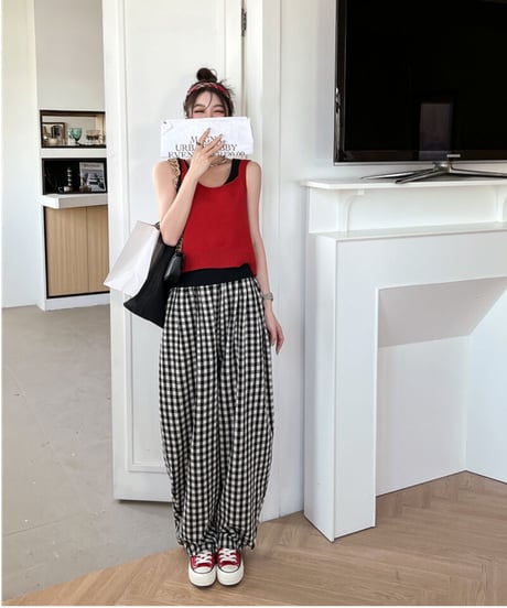 【予約販売】チェック柄リラックスパンツ#ブラック