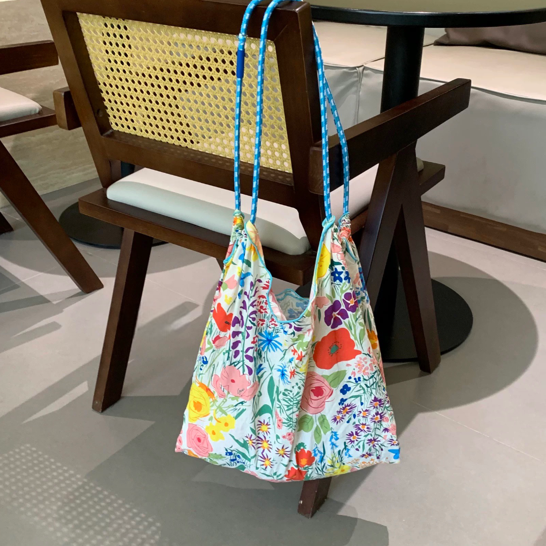 予約販売】ロープハンドルフラワートートバッグ ポケッタブル エコ