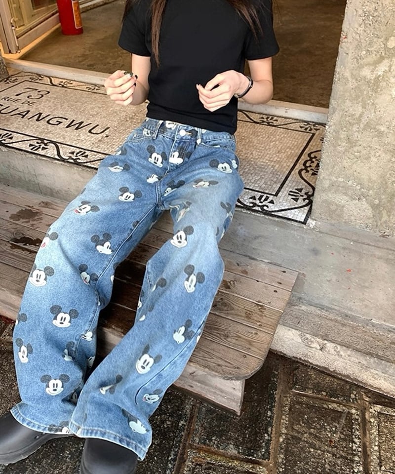 予約販売】ビンテージ加工 ミッキープリントデニムパンツ | KISHIKA