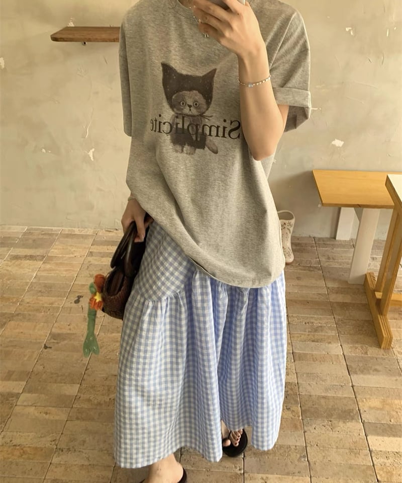 予約販売】プリントTシャツ#グレー/チェック柄スカート#ライト