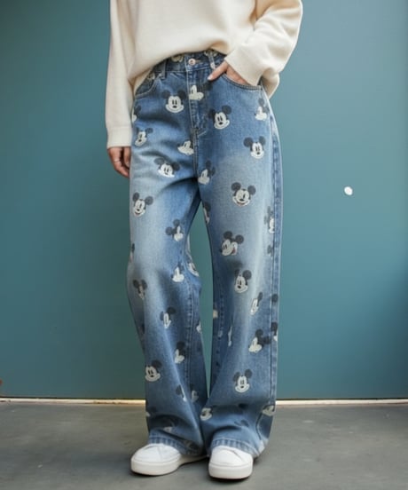 【予約販売】ビンテージ加工 ミッキープリントデニムパンツ