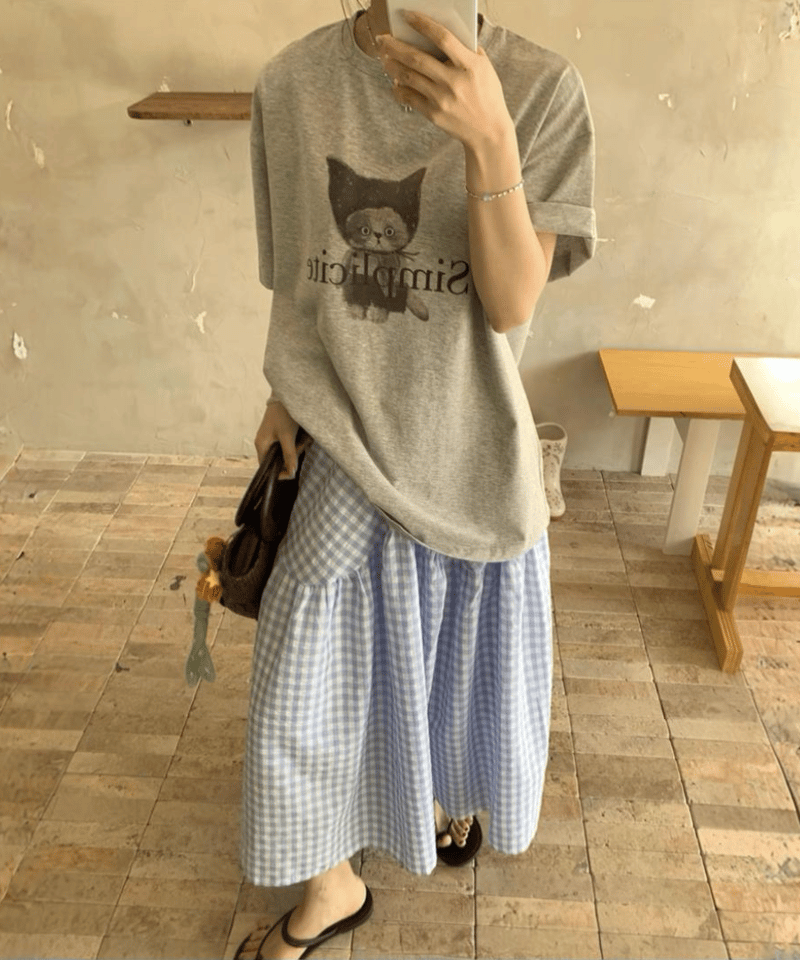 【お値下げ】FOOTJOY グレー チェック柄 カーディガンとスカート2点 予約販売】プリントTシャツ#グレー/チェック柄スカート#ライトブルー