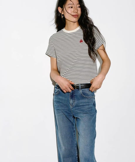 【予約販売】刺繍付アセテートボーダー半袖Tシャツ半袖Tシャツ
