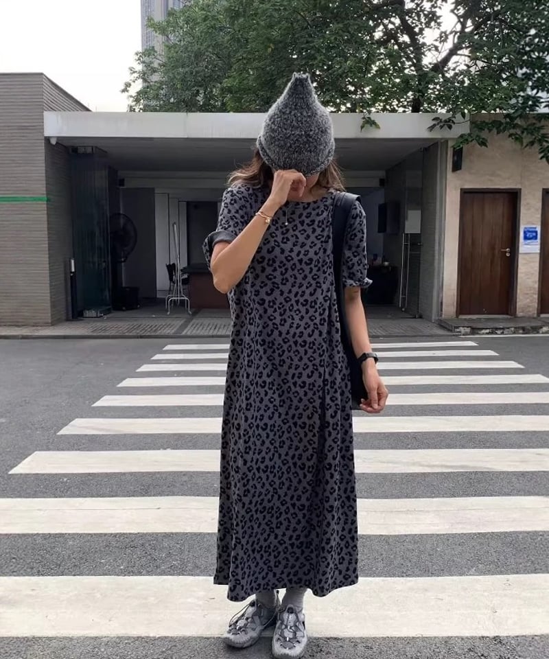 2025秋【予約販売】レオパード柄Tシャツワンピース#グレー | KISHIKA